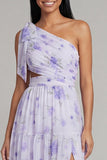 Floral Maxi Ruched A Line Lilac Beach Wedding Guest Dress with Slit