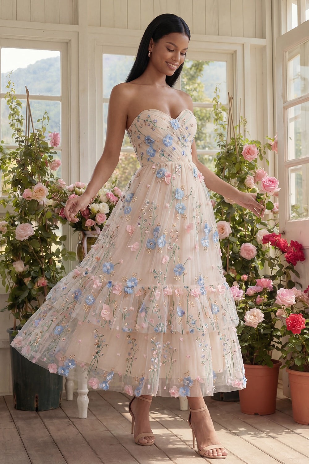 Champagne Floral Maxi Ruched A Line Beach Wedding Guest Dress with Ruffles