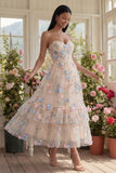 Champagne Floral Maxi Ruched A Line Beach Wedding Guest Dress with Ruffles