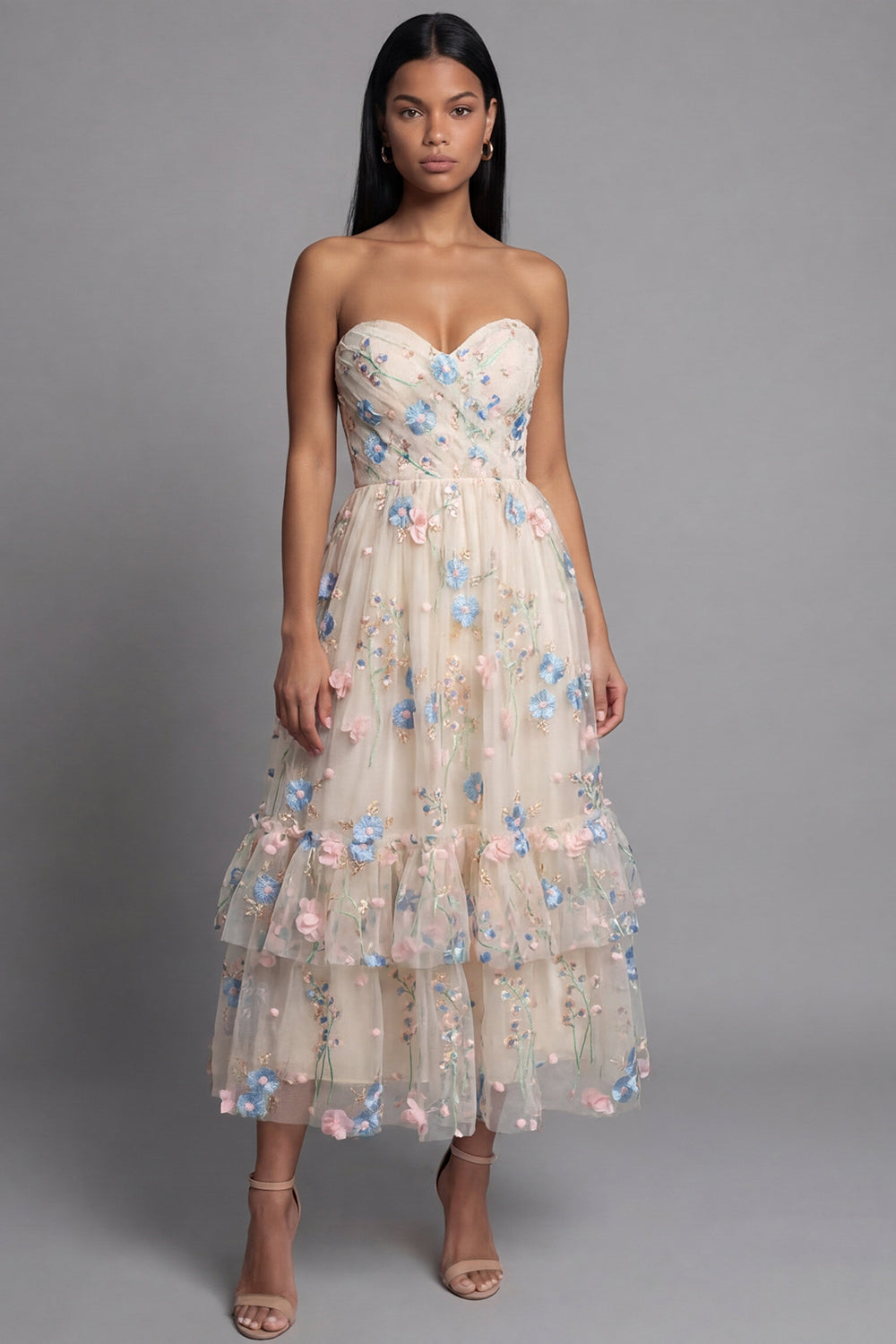Champagne Floral Maxi Ruched A Line Beach Wedding Guest Dress with Ruffles
