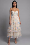 Champagne Floral Maxi Ruched A Line Beach Wedding Guest Dress with Ruffles