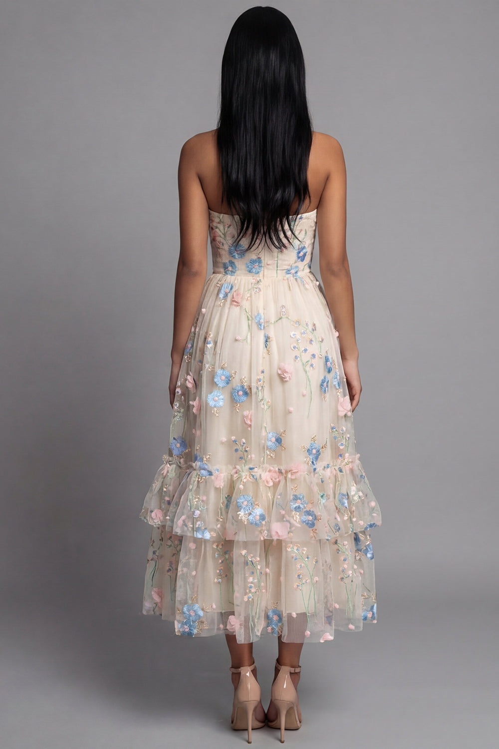 Champagne Floral Maxi Ruched A Line Beach Wedding Guest Dress with Ruffles