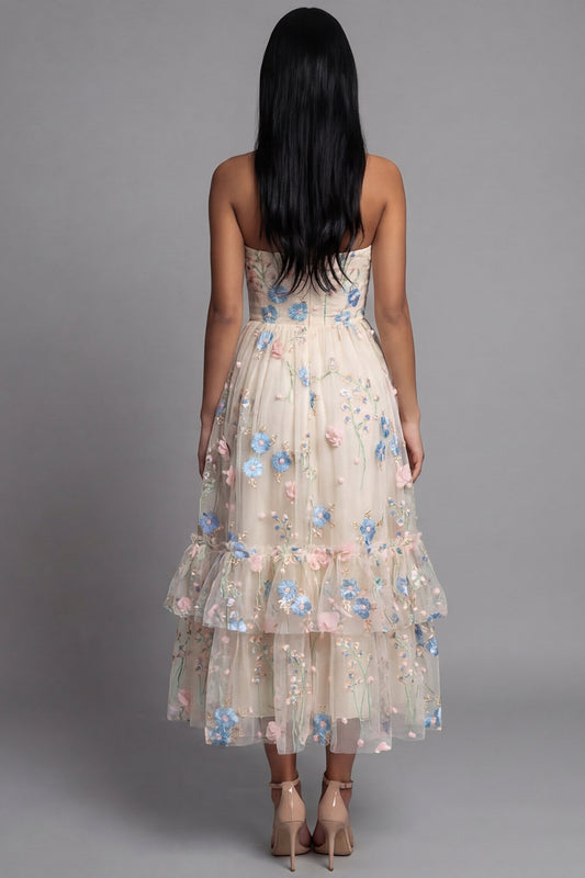 Champagne Floral Maxi Ruched A Line Beach Wedding Guest Dress with Ruffles