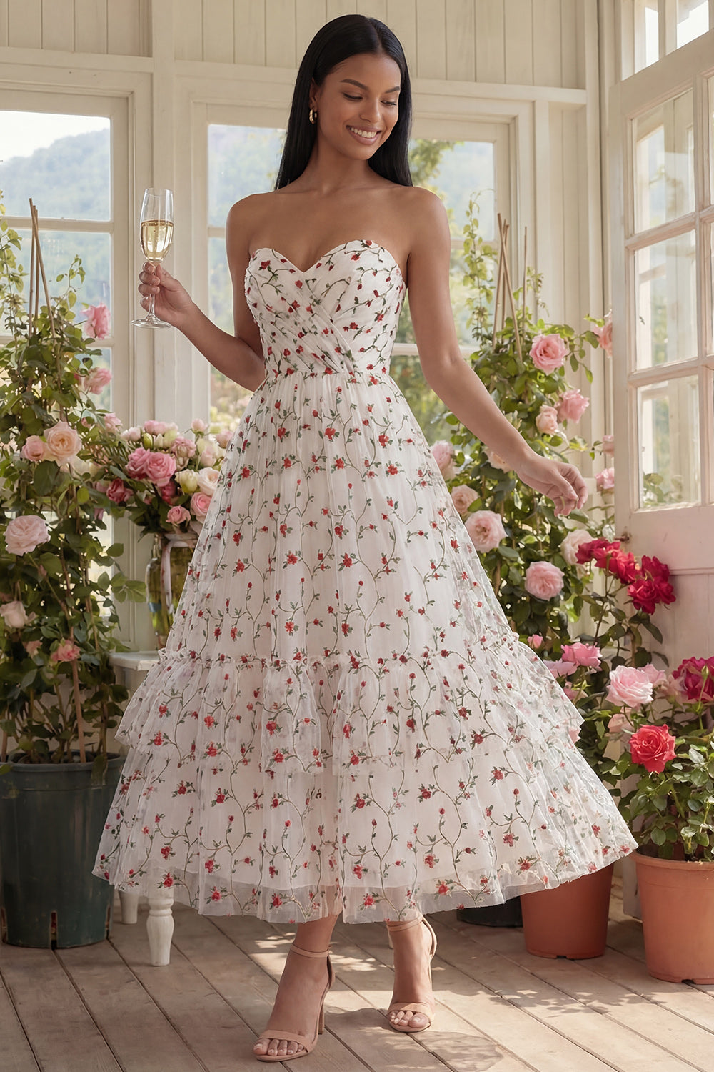 Champagne Floral Maxi Ruched A Line Beach Wedding Guest Dress with Ruffles