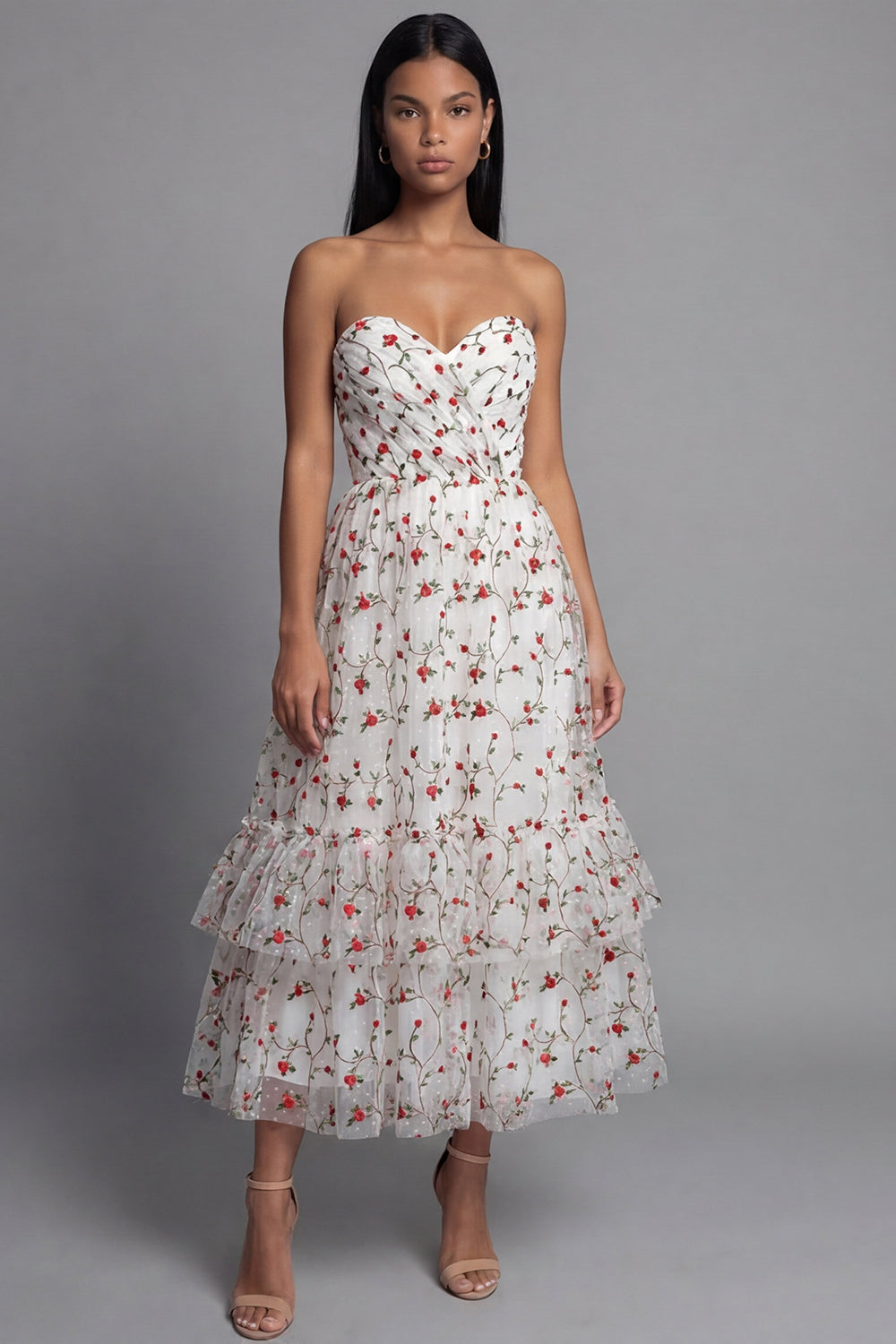 Champagne Floral Maxi Ruched A Line Beach Wedding Guest Dress with Ruffles