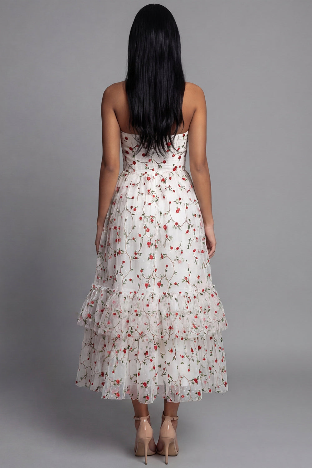 Champagne Floral Maxi Ruched A Line Beach Wedding Guest Dress with Ruffles