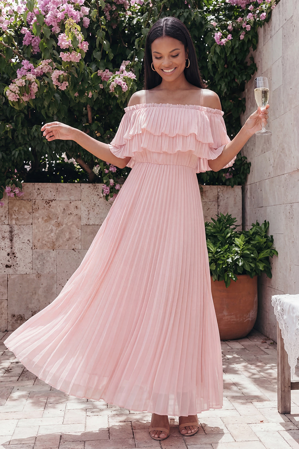 Pink Maxi A Line Ruffled Beach Wedding Guest Dress with Pleats