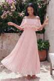 Pink Maxi A Line Ruffled Beach Wedding Guest Dress with Pleats