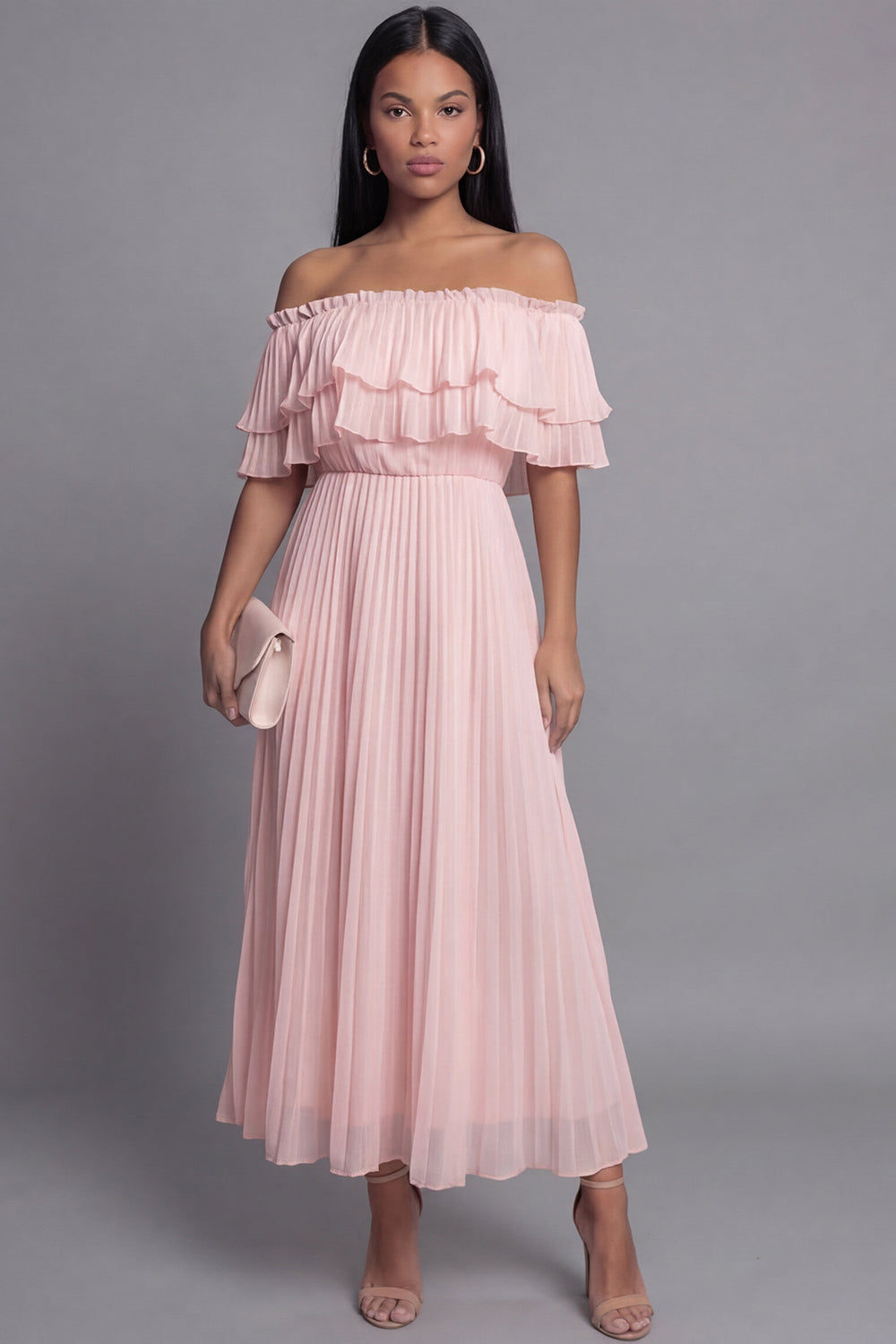 Pink Maxi A Line Ruffled Beach Wedding Guest Dress with Pleats