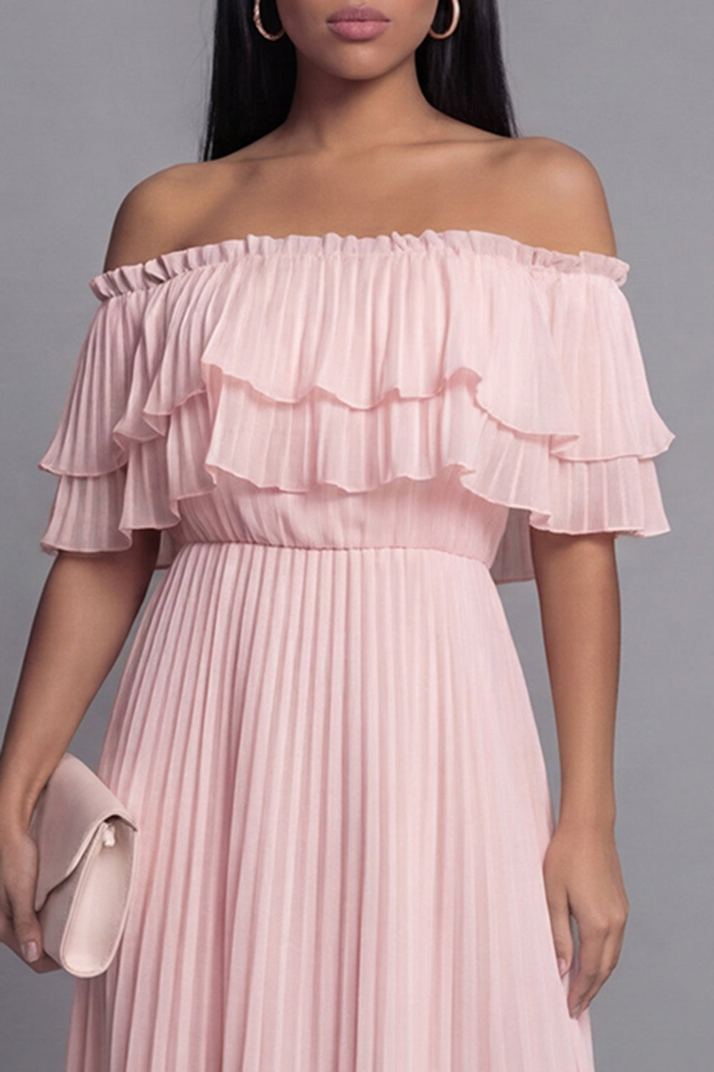 Pink Maxi A Line Ruffled Beach Wedding Guest Dress with Pleats