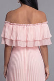 Pink Maxi A Line Ruffled Beach Wedding Guest Dress with Pleats