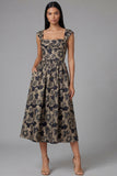 Square Neck Floral Maxi A Line Gold Wedding Guest Dress