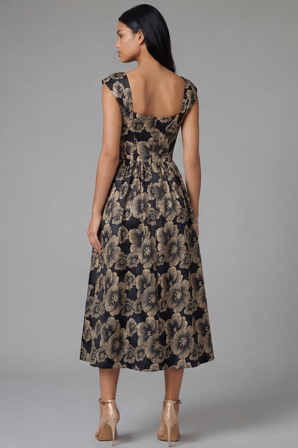 Zapakasa Women Gold Floral Maxi Wedding Guest Dress A Line Square Neck