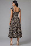 Square Neck Floral Maxi A Line Gold Wedding Guest Dress