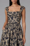 Square Neck Floral Maxi A Line Gold Wedding Guest Dress