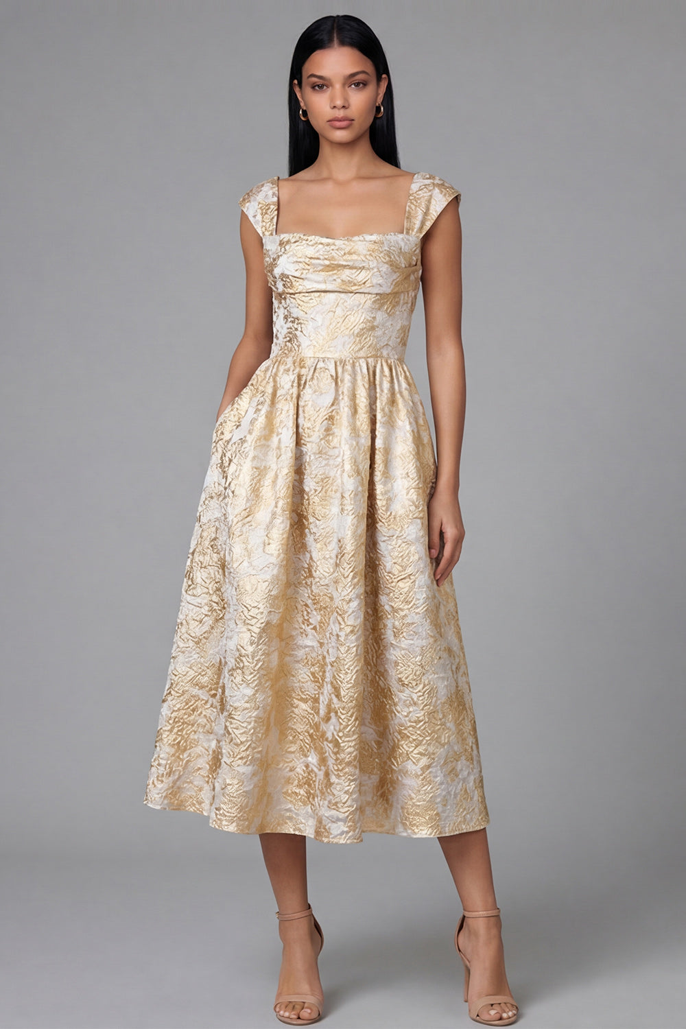 Square Neck Floral Maxi A Line Gold Wedding Guest Dress