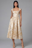 Square Neck Floral Maxi A Line Gold Wedding Guest Dress