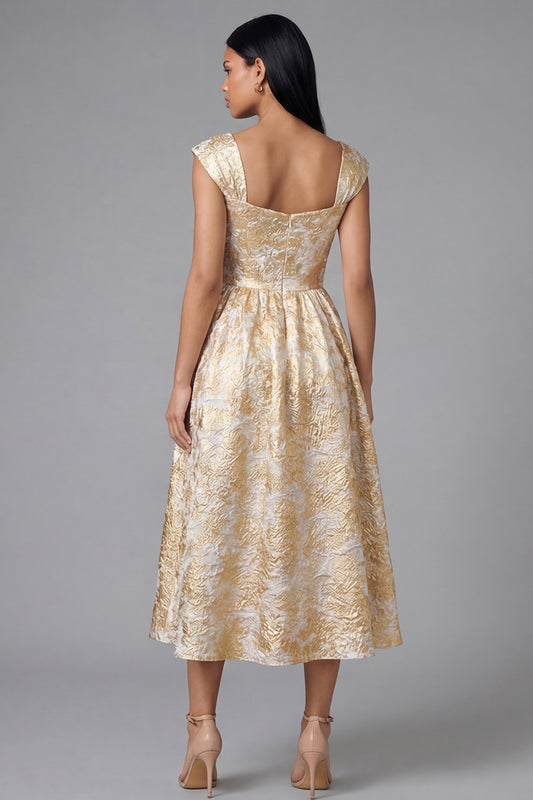 Square Neck Floral Maxi A Line Gold Wedding Guest Dress
