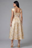 Square Neck Floral Maxi A Line Gold Wedding Guest Dress