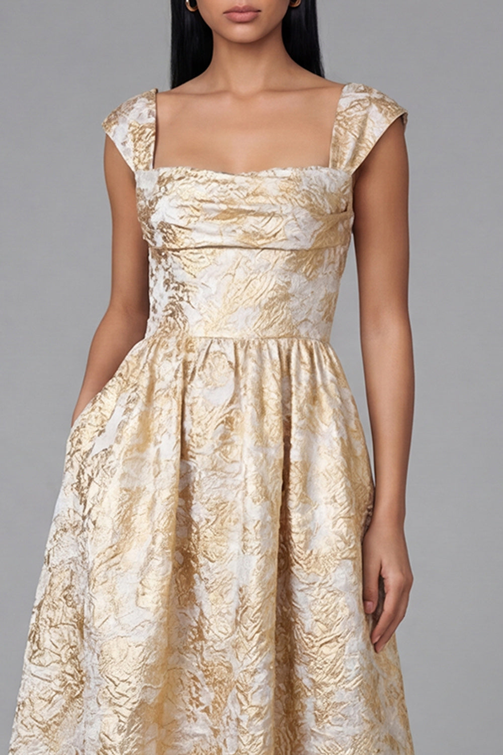 Square Neck Floral Maxi A Line Gold Wedding Guest Dress