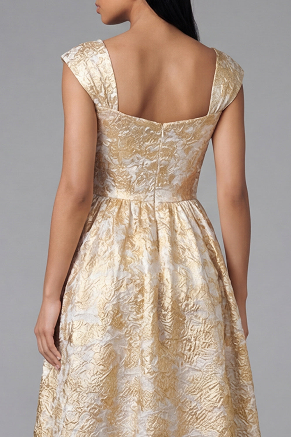 Square Neck Floral Maxi A Line Gold Wedding Guest Dress