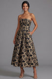 Maxi A Line Gold Strapless Floral Wedding Guest Dress