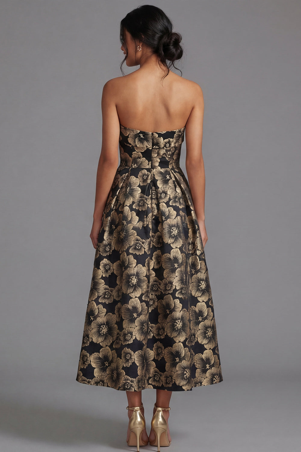 Maxi A Line Gold Strapless Floral Wedding Guest Dress