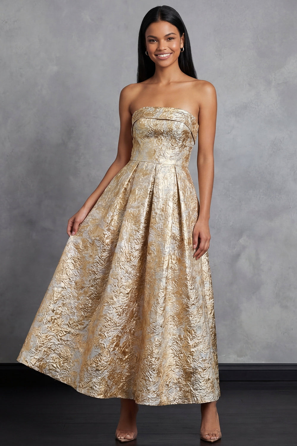 Maxi A Line Gold Strapless Floral Wedding Guest Dress