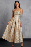 Maxi A Line Gold Strapless Floral Wedding Guest Dress