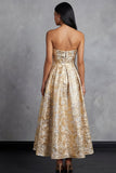 Maxi A Line Gold Strapless Floral Wedding Guest Dress