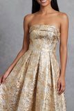 Maxi A Line Gold Strapless Floral Wedding Guest Dress