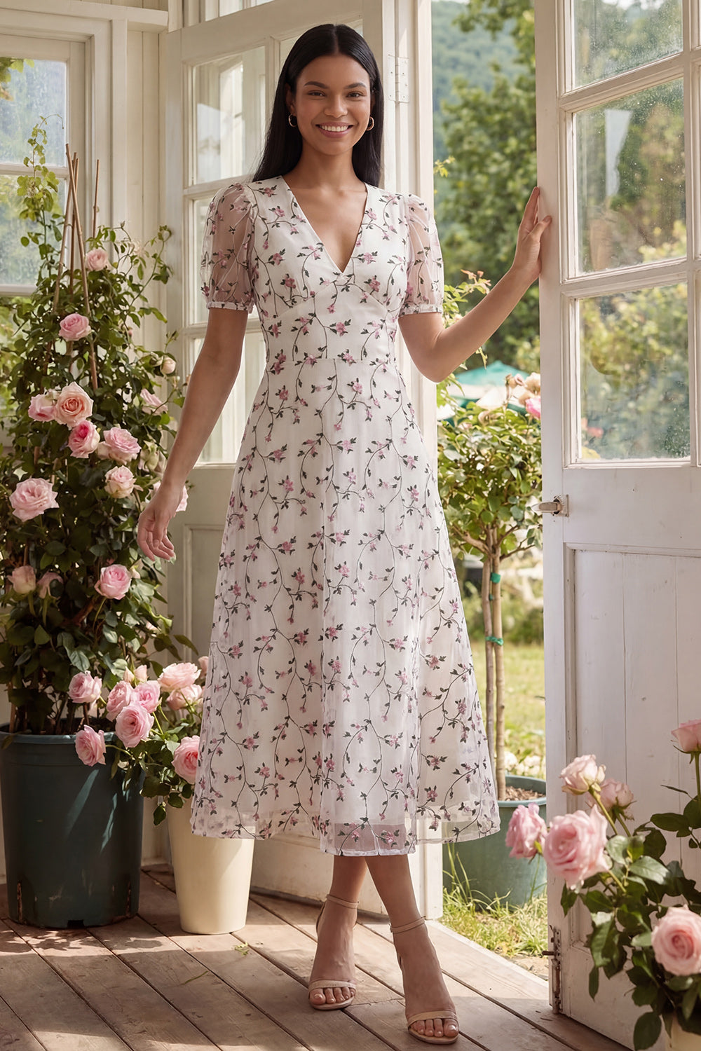 White Red Flower V-Neck Floral Maxi A Line Beach Wedding Guest Dress