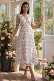 White Red Flower V-Neck Floral Maxi A Line Beach Wedding Guest Dress