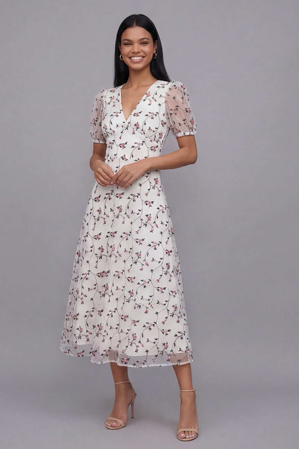 White Red Flower V-Neck Floral Maxi A Line Beach Wedding Guest Dress