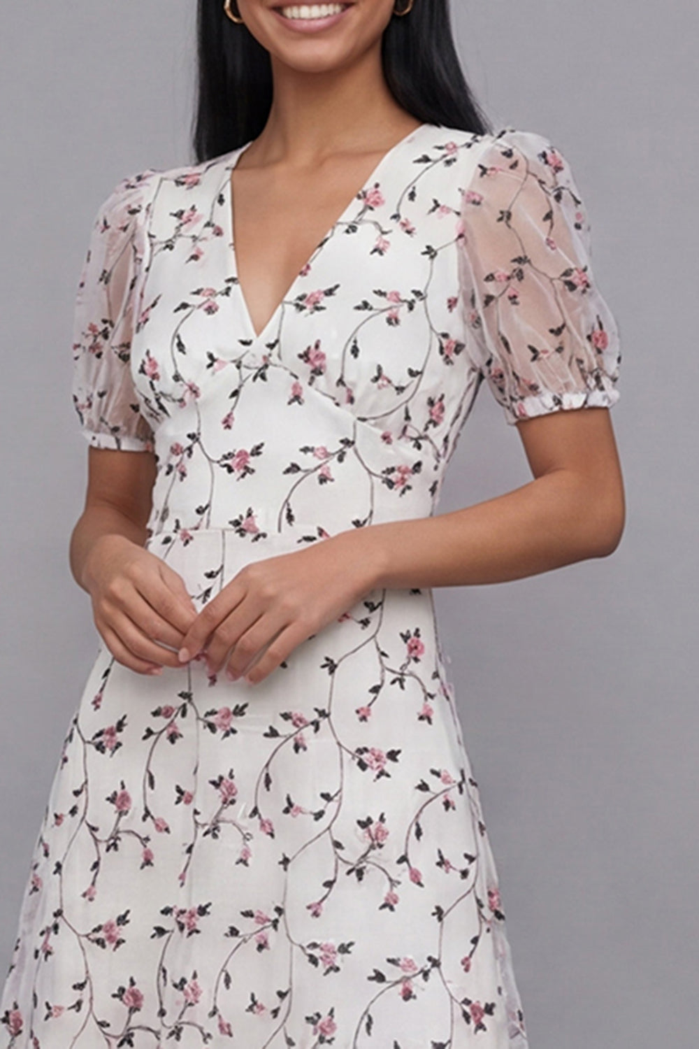 White Red Flower V-Neck Floral Maxi A Line Beach Wedding Guest Dress