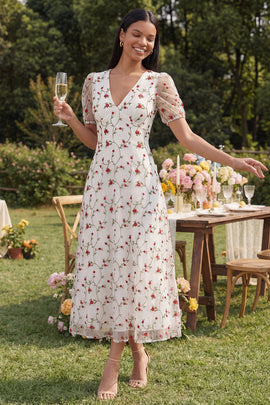 White Red Flower V-Neck Floral Maxi A Line Beach Wedding Guest Dress