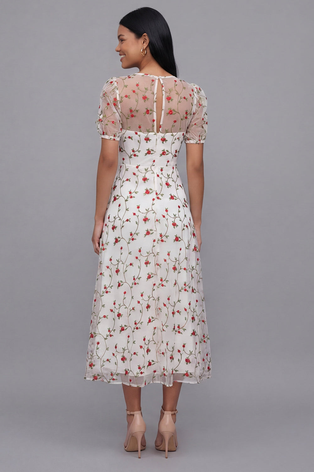 White Red Flower V-Neck Floral Maxi A Line Beach Wedding Guest Dress