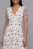 White Red Flower V-Neck Floral Maxi A Line Beach Wedding Guest Dress