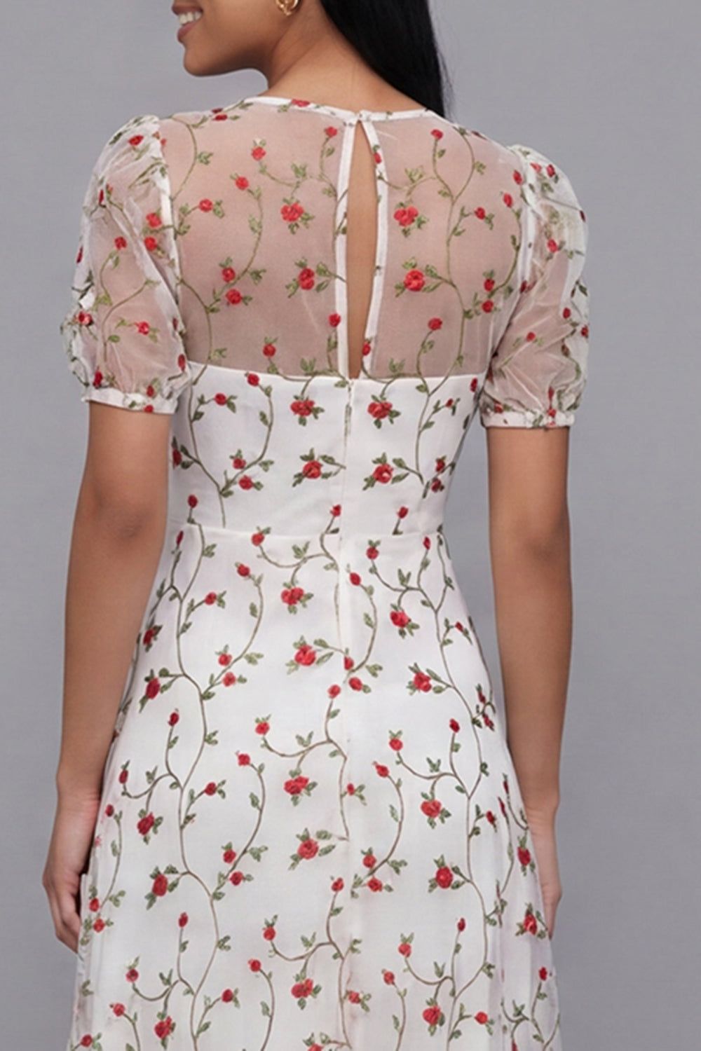 White Red Flower V-Neck Floral Maxi A Line Beach Wedding Guest Dress