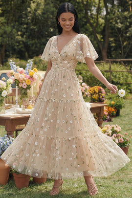 V-Neck Champagne Floral Maxi A Line Beach Wedding Guest Dress