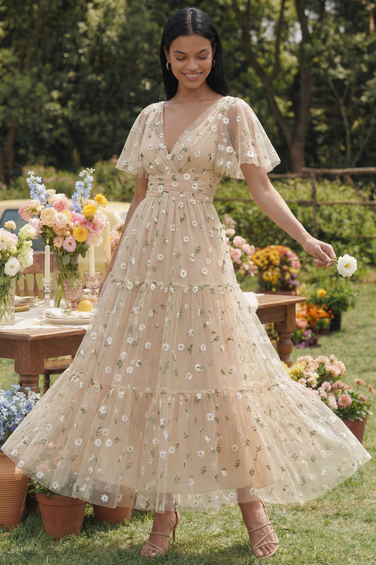 V-Neck Champagne Floral Maxi A Line Beach Wedding Guest Dress
