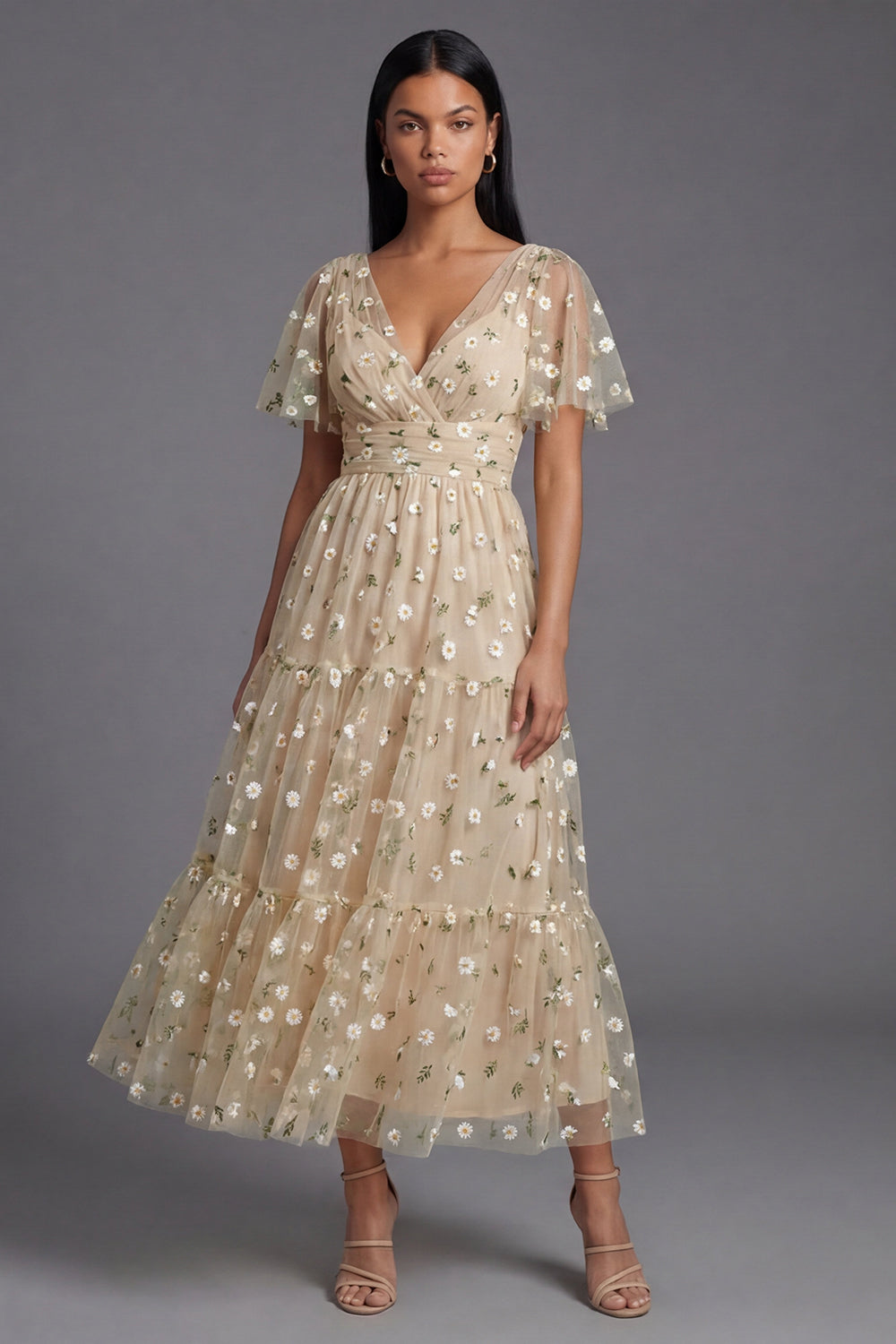V-Neck Champagne Floral Maxi A Line Beach Wedding Guest Dress