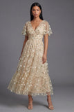 V-Neck Champagne Floral Maxi A Line Beach Wedding Guest Dress