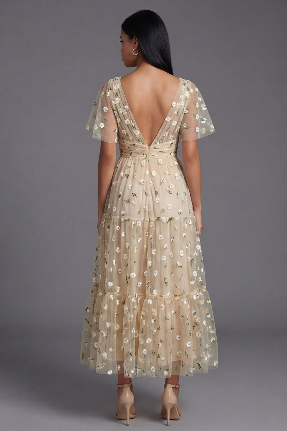 V-Neck Champagne Floral Maxi A Line Beach Wedding Guest Dress