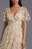 V-Neck Champagne Floral Maxi A Line Beach Wedding Guest Dress