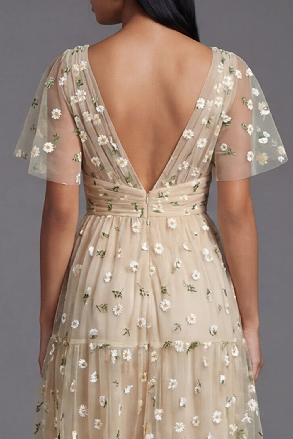 V-Neck Champagne Floral Maxi A Line Beach Wedding Guest Dress