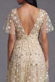 V-Neck Champagne Floral Maxi A Line Beach Wedding Guest Dress