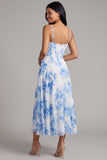 White Blue Flower Corset Maxi Floral A Line Wedding Guest Dress with Slit