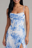 White Blue Flower Corset Maxi Floral A Line Wedding Guest Dress with Slit