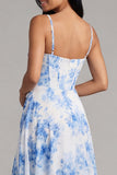 White Blue Flower Corset Maxi Floral A Line Wedding Guest Dress with Slit